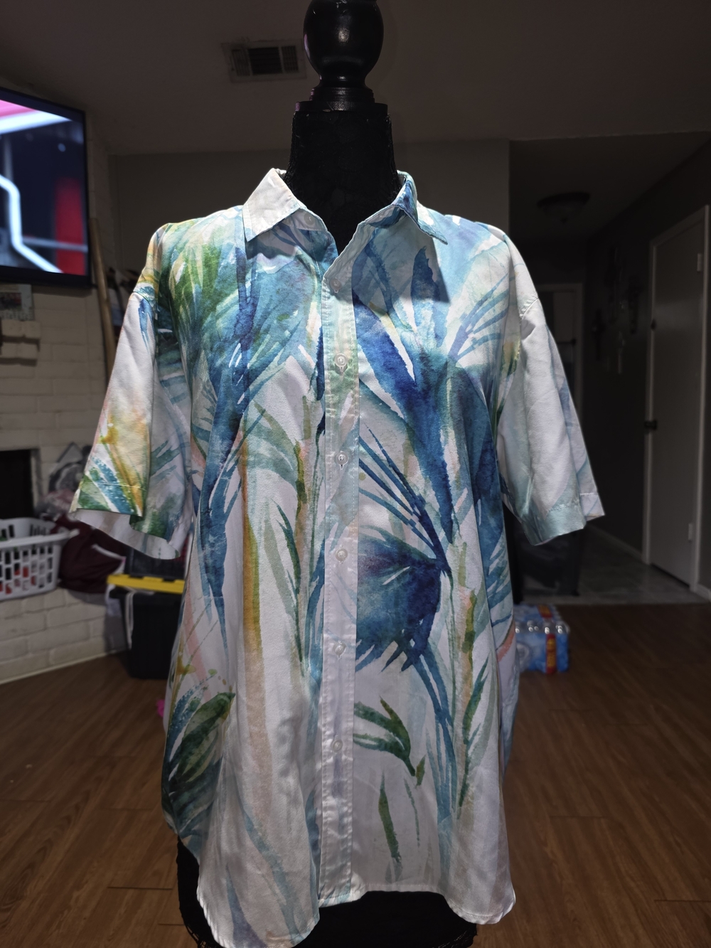 SHEIN Blue & Green Watercolor Botanical Button-Down Shirt